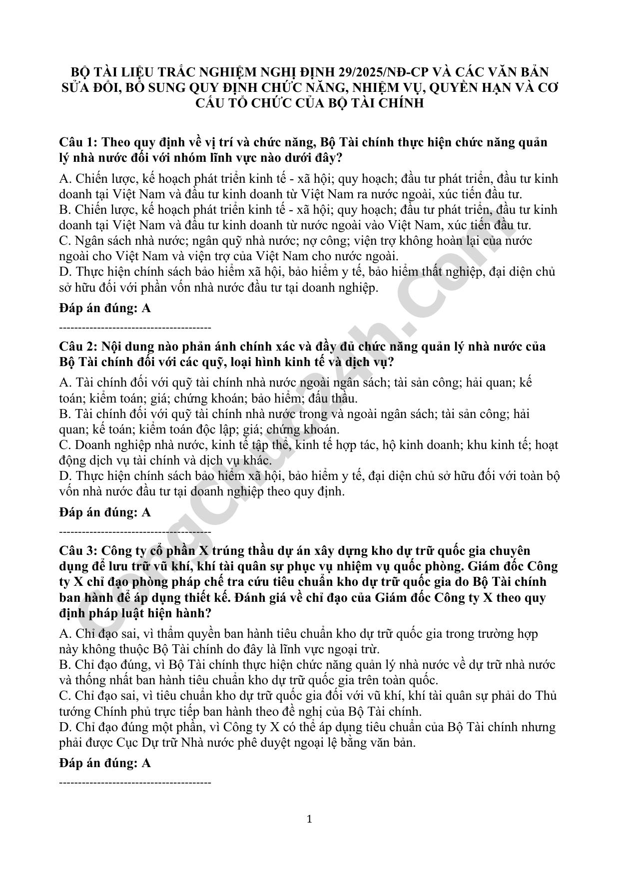 trắc nghiệm nghị định 29/2025/nđ-cp quy định chức năng, nhiệm vụ, quyền hạn và cơ cấu tổ chức của bộ tài chính