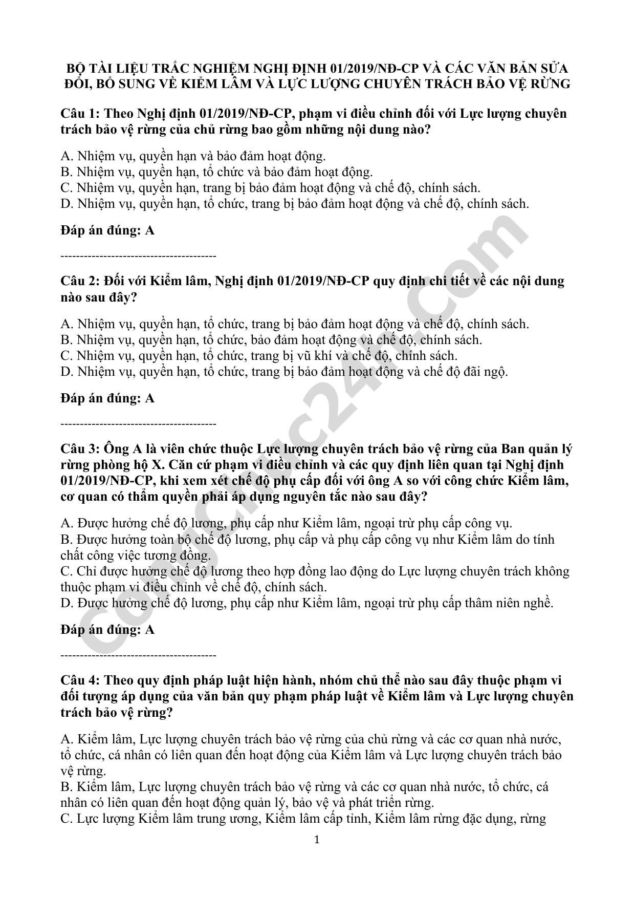 trắc nghiệm nghị định 01/2019/nđ-cp và các văn bản sửa đổi, bổ sung về kiểm lâm và lực lượng chuyên trách bảo vệ rừng