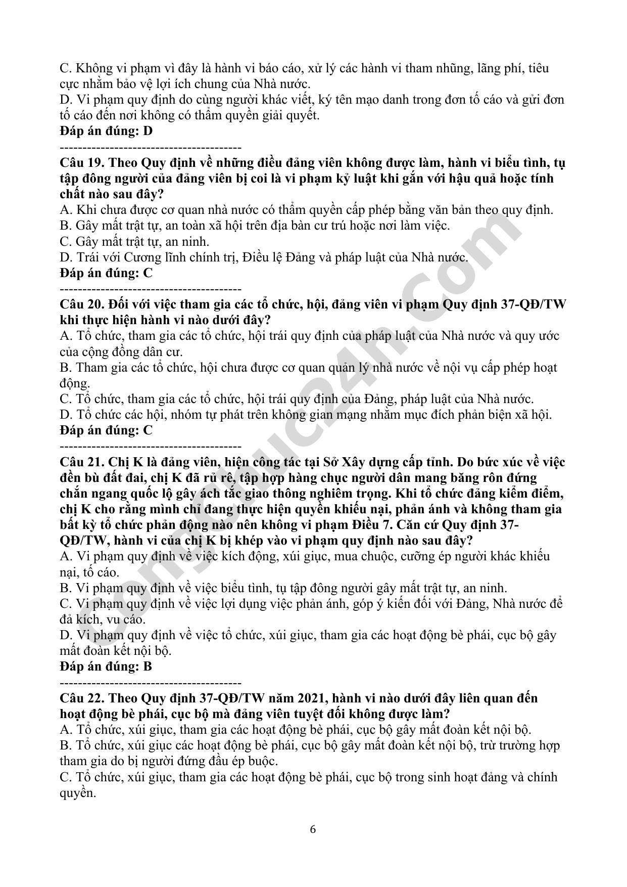 trắc nghiệm quy định 37-qđ/tw năm 2021 về những điều đảng viên không được làm