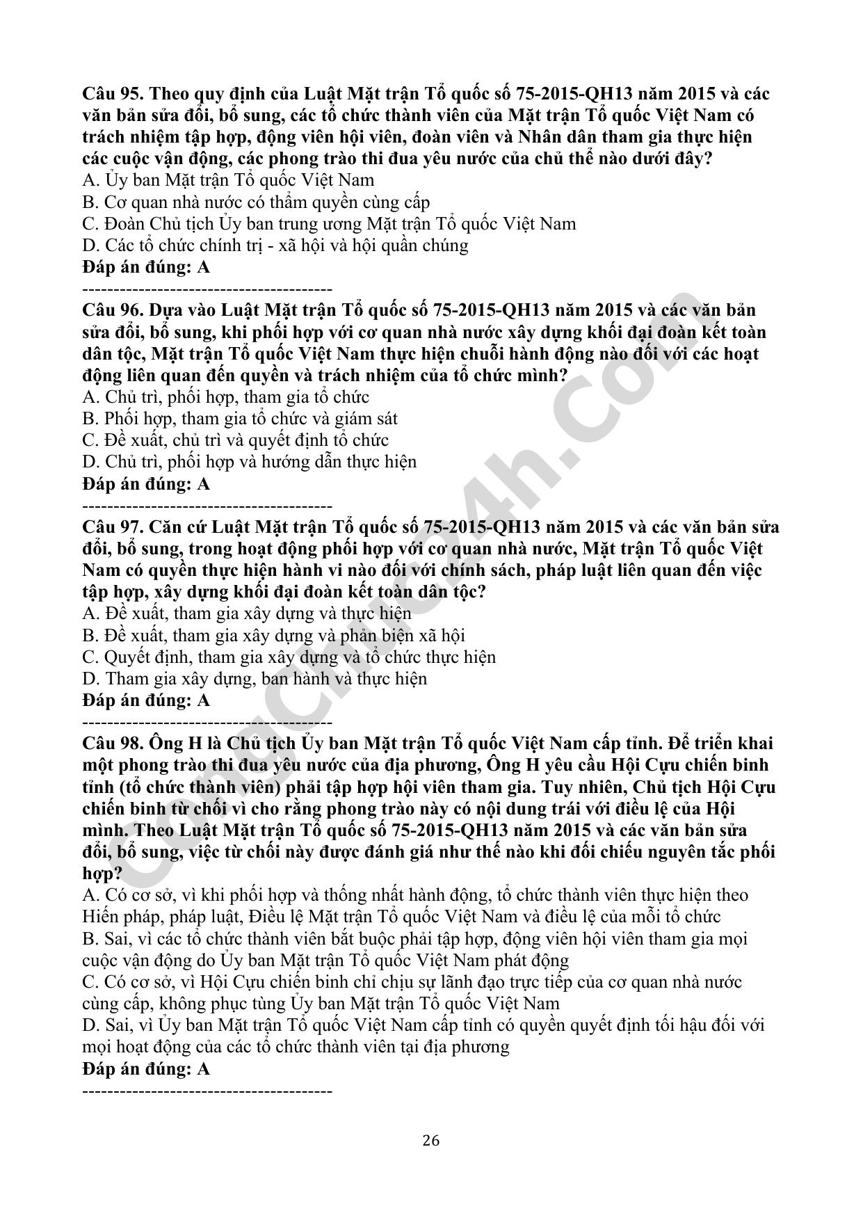 trắc nghiệm luật mặt trận tổ quốc việt nam số 75/2015/qh13 năm 2015 và các văn bản sửa đổi, bổ sung