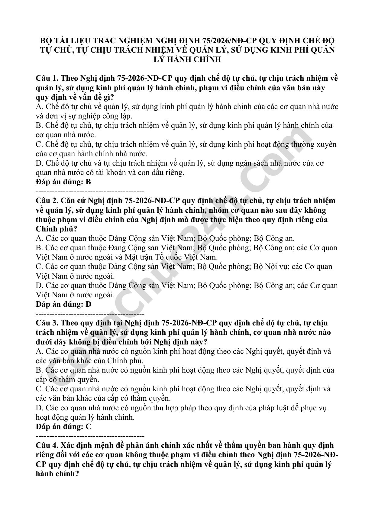 trắc nghiệm nghị định 75/2026/nđ-cp quy định chế độ tự chủ, tự chịu trách nhiệm về quản lý, sử dụng kinh phí quản lý hành chính