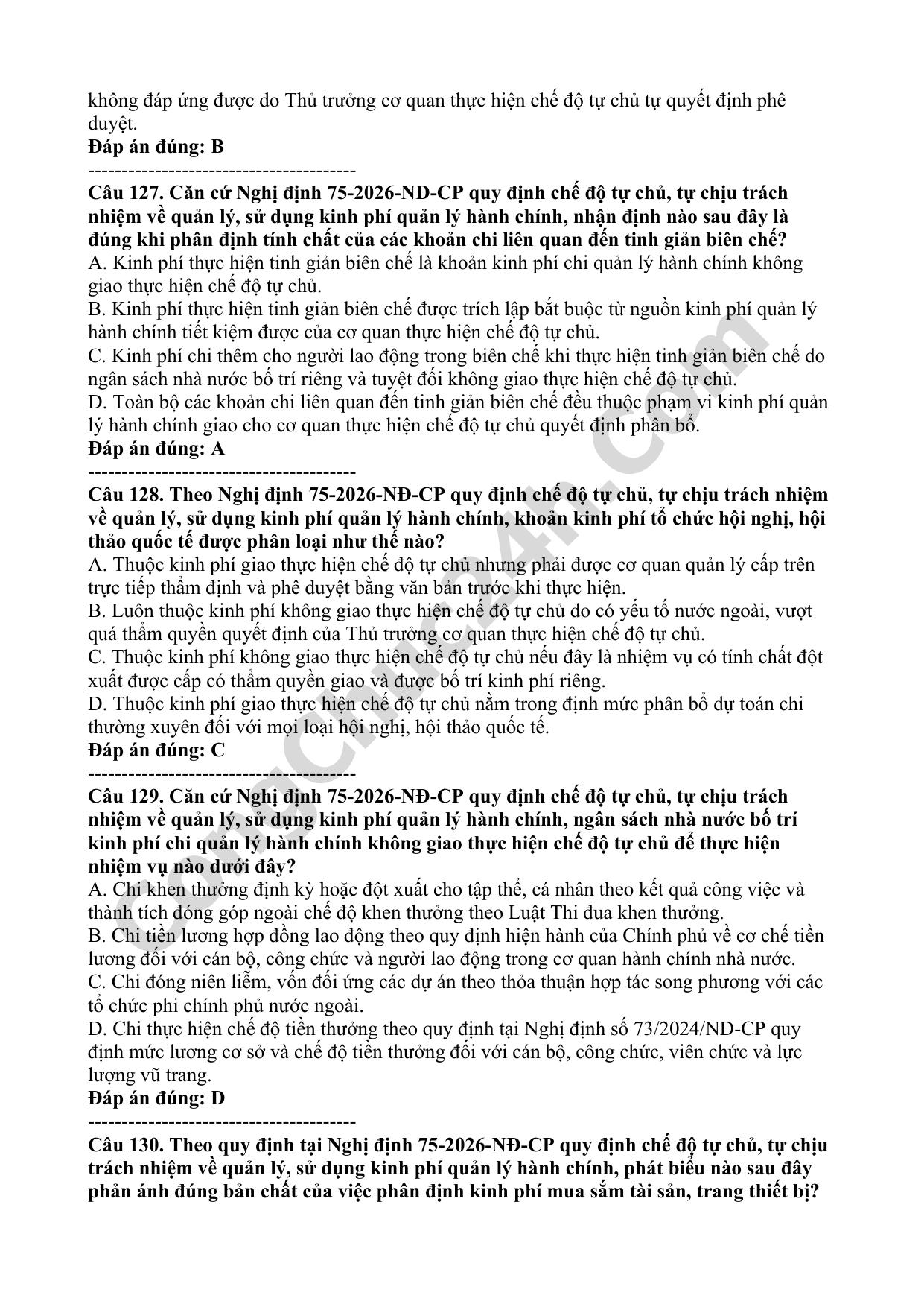 trắc nghiệm nghị định 75/2026/nđ-cp quy định chế độ tự chủ, tự chịu trách nhiệm về quản lý, sử dụng kinh phí quản lý hành chính