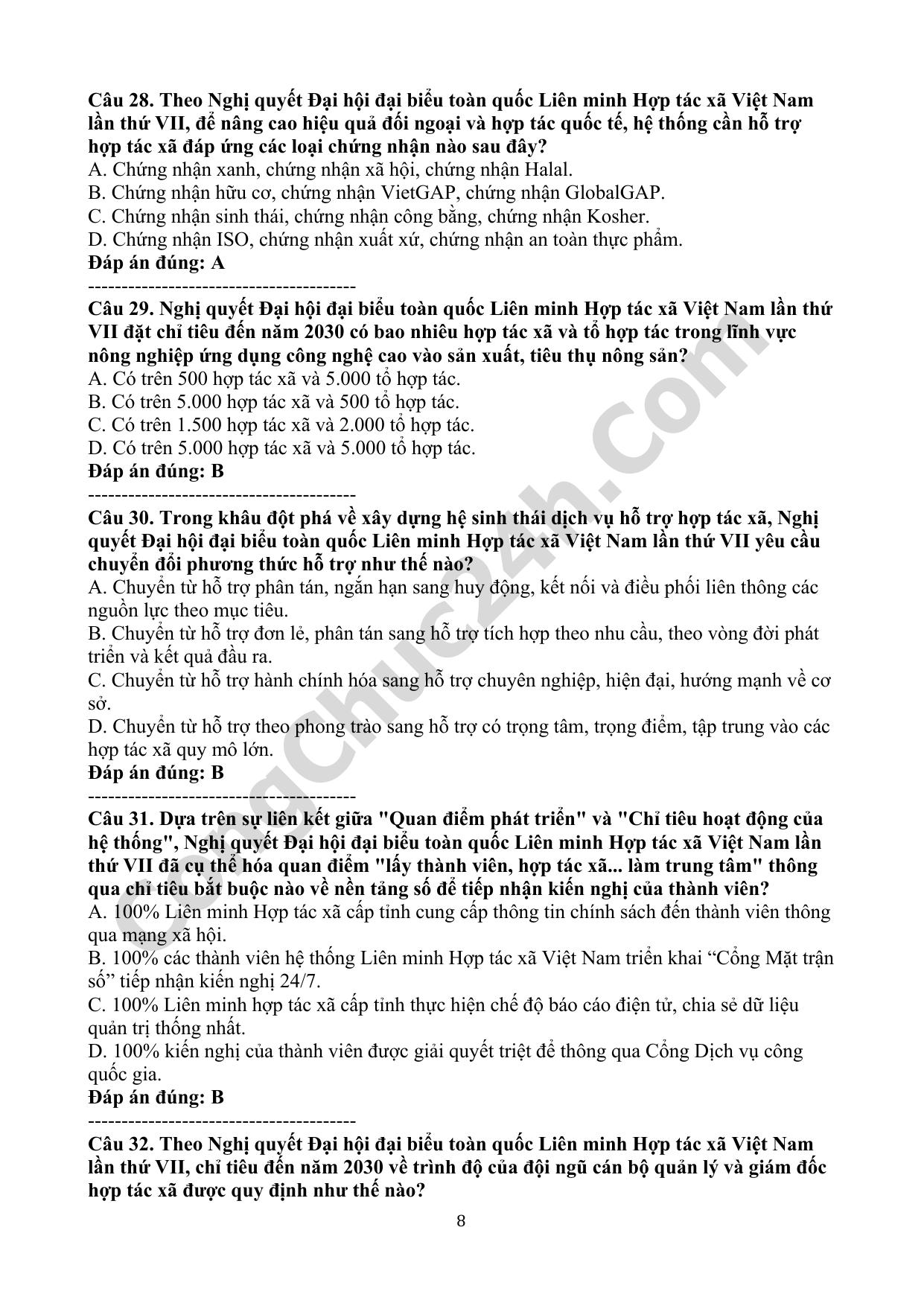trắc nghiệm Nghị quyết Đại hội đại biểu toàn quốc Liên minh Hợp tác xã Việt Nam lần thứ VII, Đại hội nhiệm kỳ 2026-2031